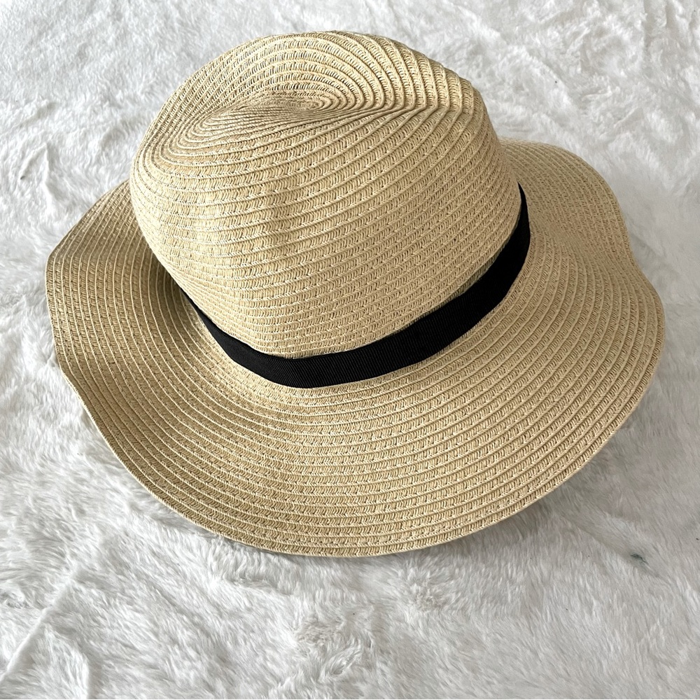 J. Crew Factory tan wide-brim packable sun hat with black grosgrain ribbon, M-L